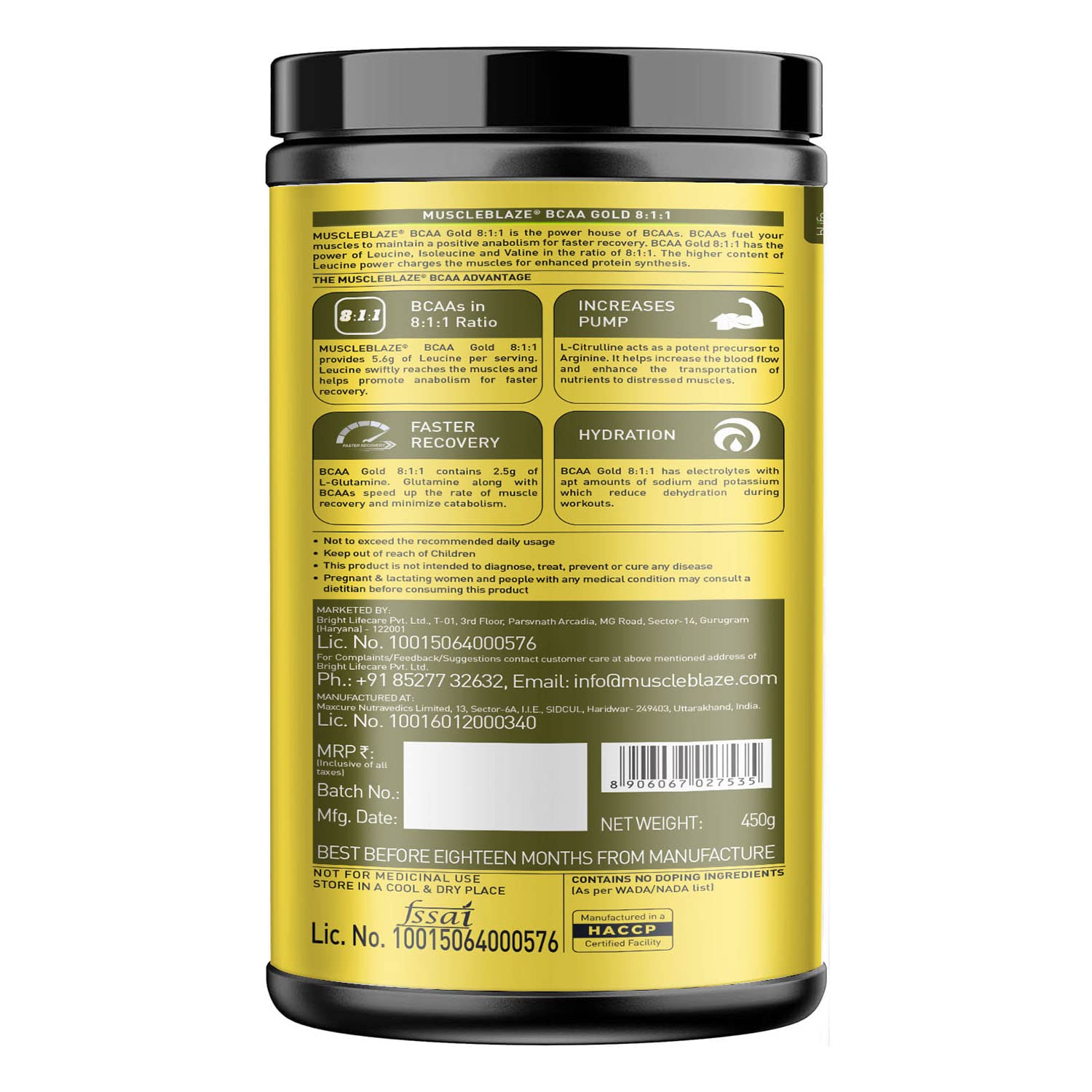 MuscleBlaze BCAA Gold 8:1:1 (450 gm, 30 Servings) - Health Core India