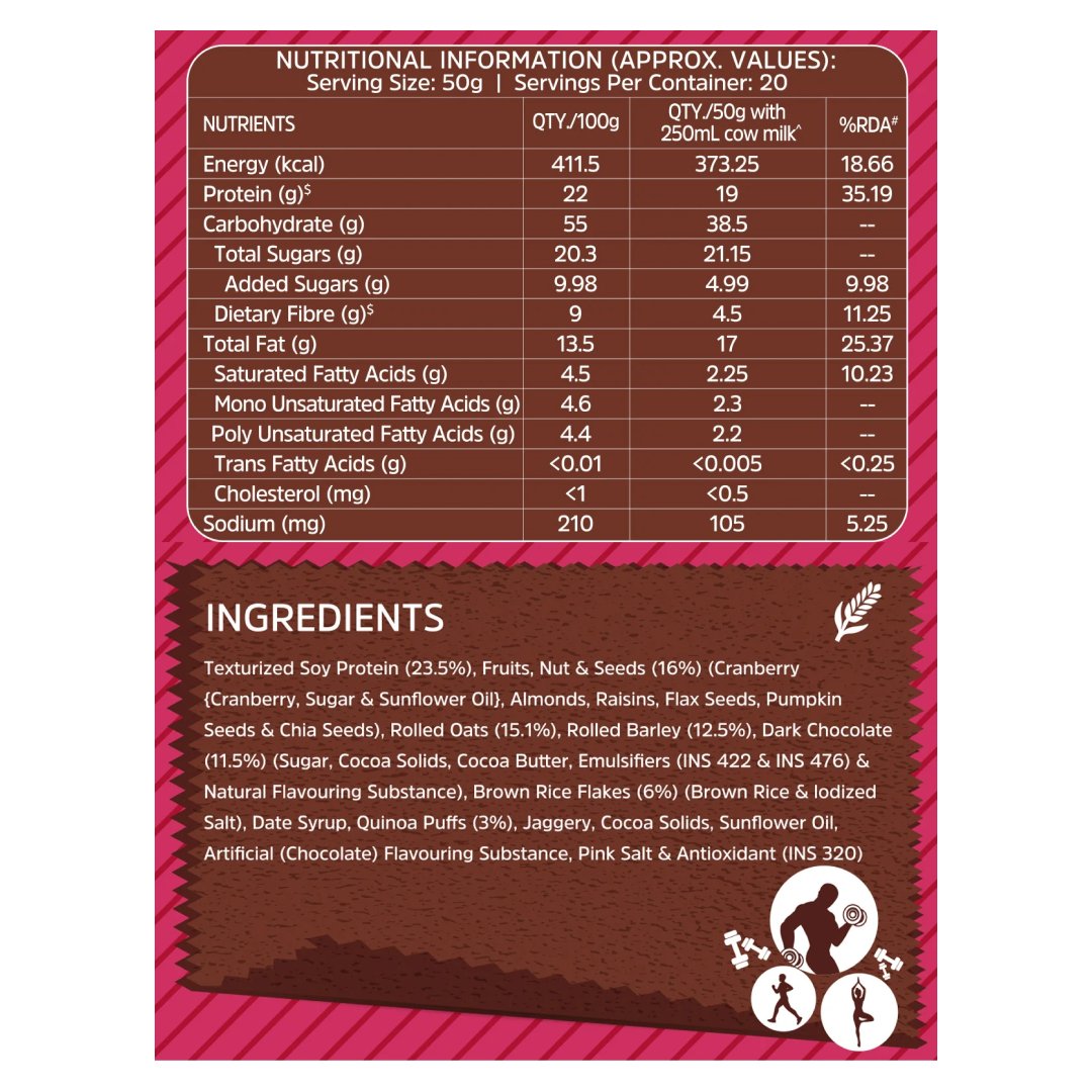 MuscleBlaze High Protein Muesli, 1 kg, Dark Chocolate & Cranberry - Health Core India