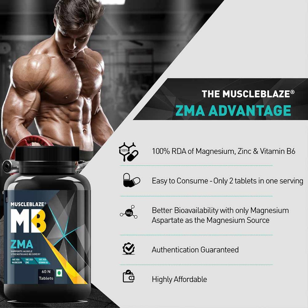 MuscleBlaze ZMA with 100% RDA of Zinc, Magnesium & Vitamin B6, 60 tablets - Health Core India